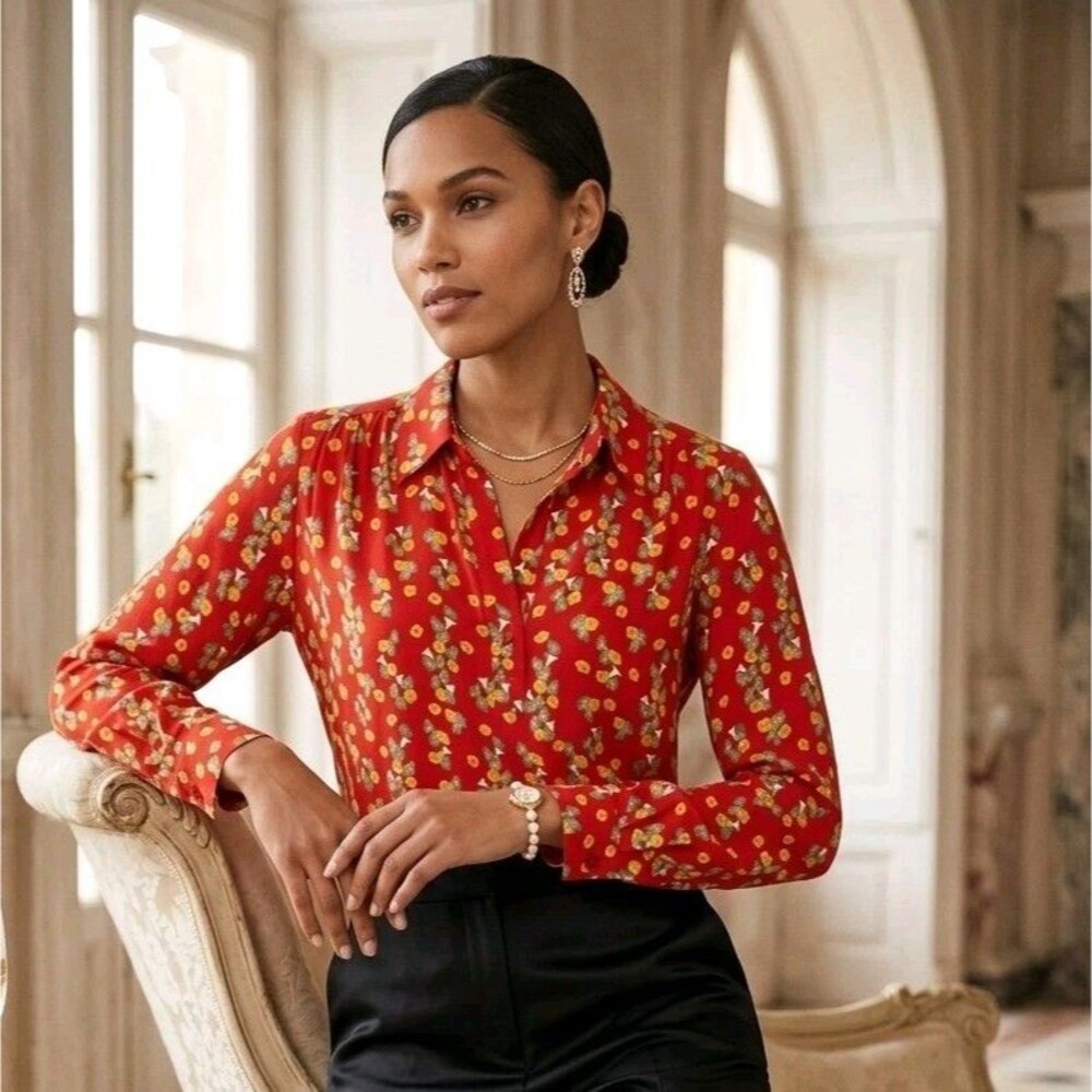 Cabi Red Floral Print Long Sleeve Blouse Womens V-Neck Button Popover Top Sz M